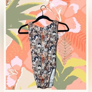 Cat head design bodysuit, polyester, hand made unique design xs